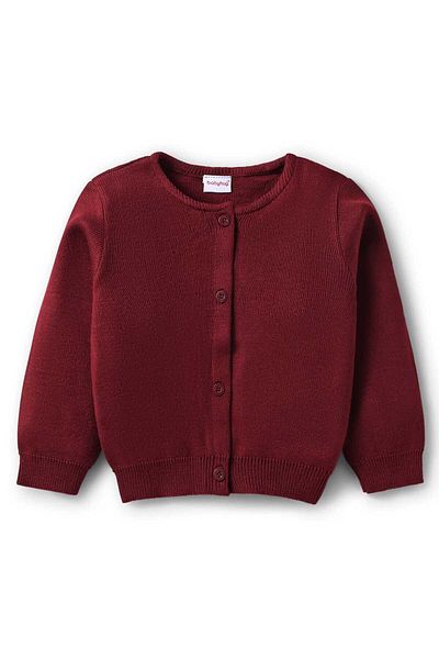 Babyhug Knitted Full Sleeves Front Open Solid Color Sweater - Maroon