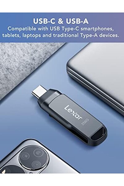 Lexar محرك أقراص فلاش USB 3.1 سعة 256 جيجابايت، USB-A وUSB C، سرعة قراءة تصل إلى 130 ميجابايت/ثانية، محرك أقراص USB محمول من النوع C