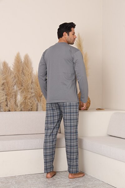 KAPİTEX New Season Long Sleeve Collar Placket Three Button Pants with Pockets Plaid Gray Color Men's Pajama Set