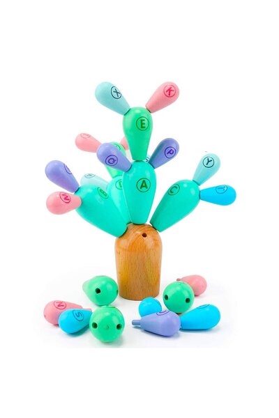 SDX Market Joc educativ de îndemânare din lemn, Cactus în echilibru Pastel