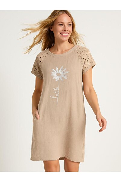 Butik İtalyan Fisto Detaylı Keten Elbise - BEJ