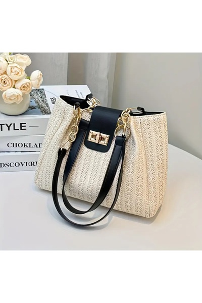 ÇANTA VİP قماش منسوج باللون البيج والأسود مع حزام قابل للتعديل