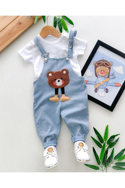 hümabebe Swinging Feet Pink Cheek Teddy Bear Denim Look Knitted Fabric Summer 2 Piece Salopet Set