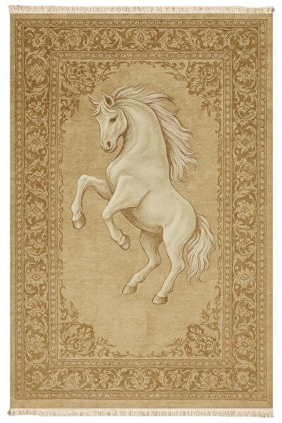 Markaev At Figürlü Vintage Bej Desenli Halı Etnik Kilim Dokuma Taban Halı 329 YNG