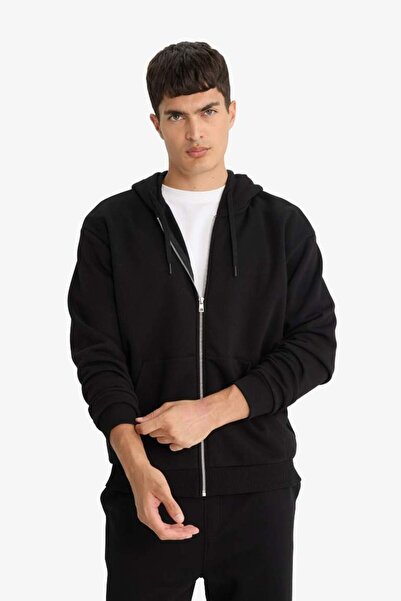 DeFacto Comfort Fit Kapüşonlu İçi Yumuşak Tüylü Basic Düz Cepli Kalın Fermuarlı Sweatshirt D7599AX25AU