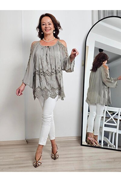 Felix Butik FELİX13944 Omuzu Açık Dirsek Kol Nakışlı İthal Dantel İpekli Vizon Bluz