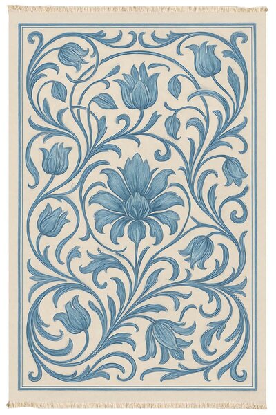 Markaev Vintage Mavi Lale Desenli Halı Dokuma Taban Halı 328 YNG
