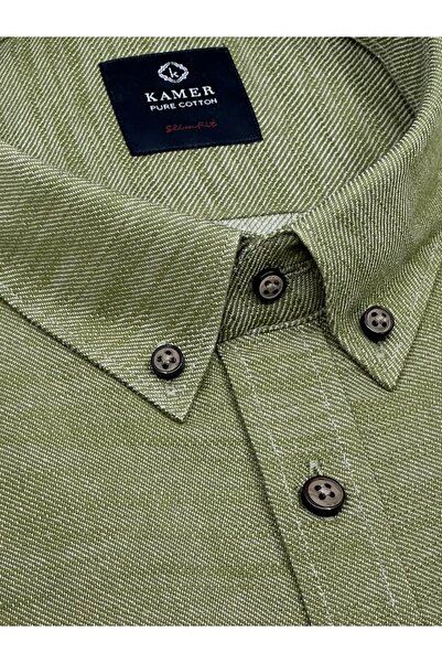 KAMER Men's Slim Fit Long Sleeve Button Collar Pocketless Green Shirt 2401Y