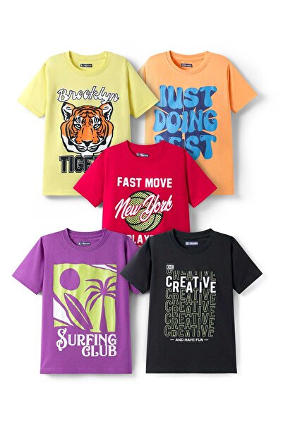 Pine kids تيشيرتات قطنية محبوكة بأكمام نصفية مطبوعة (عبوة من 5 قطع) - متعدد ا...