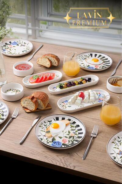 YzHome 14 Piece Porcelain Breakfast Set for 6 People Breakfast Presentation Set Plate Plate