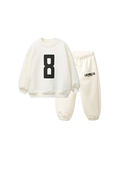 anonim Boy's Cotton Ecru 8 Los Angeles Printed Sweatshirt and Sweatpants Set