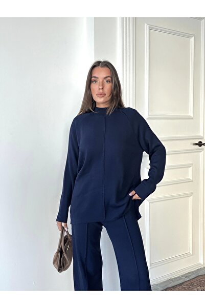 Lusin Women's Half Turtleneck Sweater Pants Bottom Top Knitwear Set - Navy Blue (New Color)