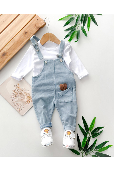 hümabebe Tiny Pocket Bear Punch Embroidered Seasonal Denim Fabric 2-Piece Salopet Set