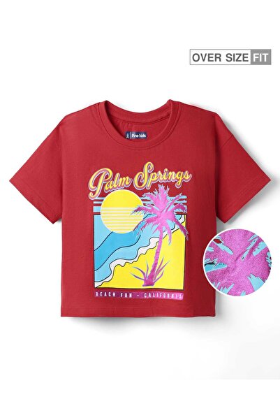 Pine kids تي شيرت بأكمام نصفية وكتف منسدل مع طبعة نص Palm Spring - وردي غامق