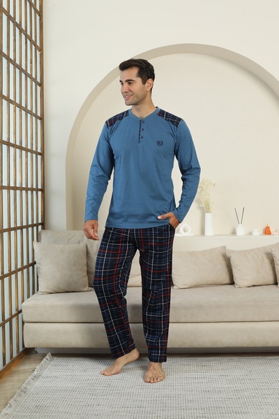 KAPİTEX New Season Long Sleeve Lapel Collar Three Button Pants with Pockets Indigo Color Plaid Men's Pajama Set