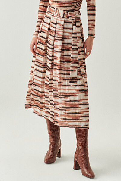 Exquise Belted Lined Regular Midi Pleated Patterned Skirt