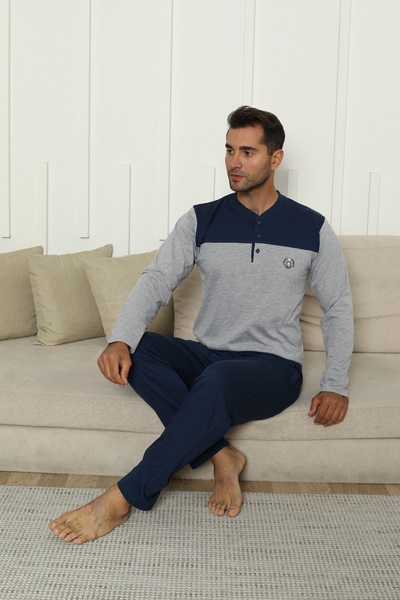 KAPİTEX New Season Long Sleeve Collar Placket Three Button Pants with Pockets Gray Melange Color Men's Pajama Set