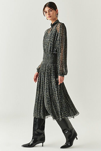 Exquise Beli Gipeli Büzgülü Regular Midi Çok Renkli Etek