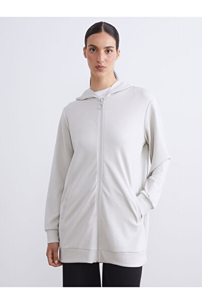 LC Waikiki Gri Kapüşonlu Oversize Kadın Fermuarlı Sweatshirt