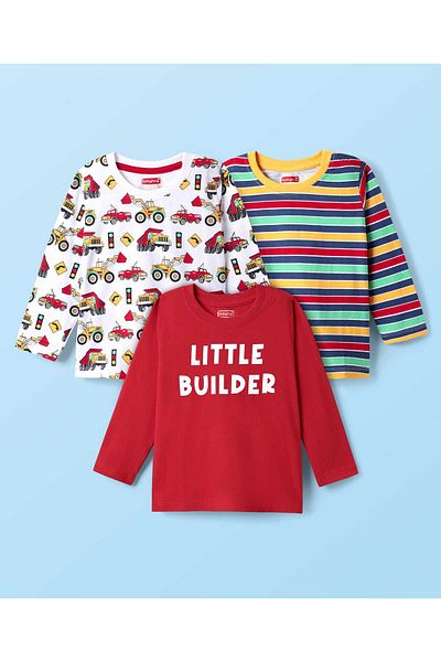 Babyhug 100% Cotton Knit Full Sleeves T-Shirt With Stripes & Vehicle Print (Pack Of 3) - Red & White