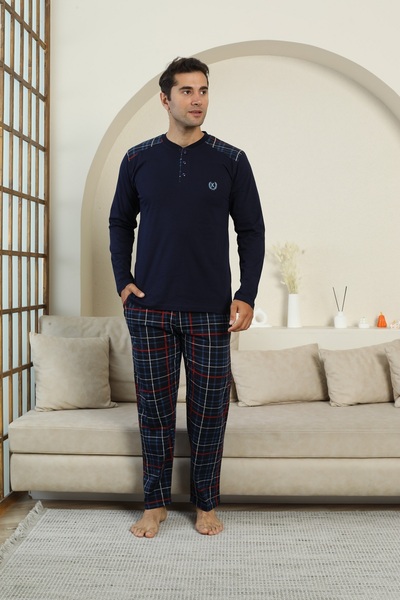 KAPİTEX New Season Long Sleeve Lapel Collar Three Button Trousers with Pocket Navy Blue Color Plaid Men's Pajama Set