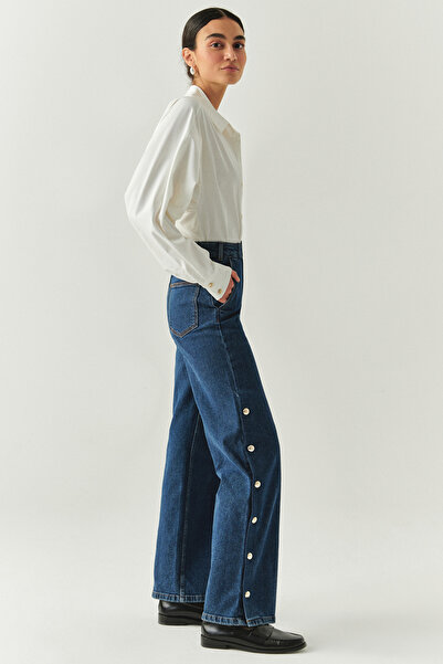 Exquise Yanları Çıt Çıtlı Cepli Geniş Paça Regular Denim İndigo Pantolon