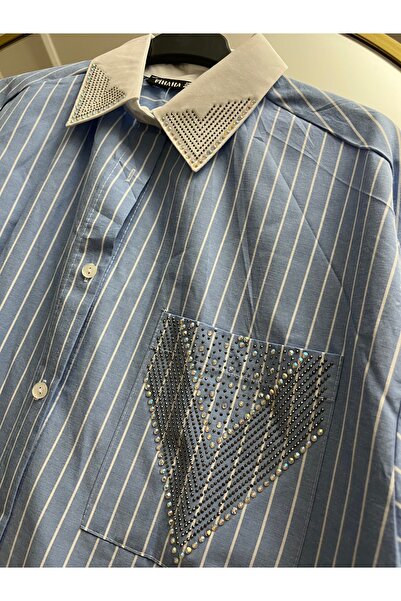 FİHAHA TEKSTİL CEBİ VE YAKASI TAŞLI ÇİZGİLİ GÖMLEK