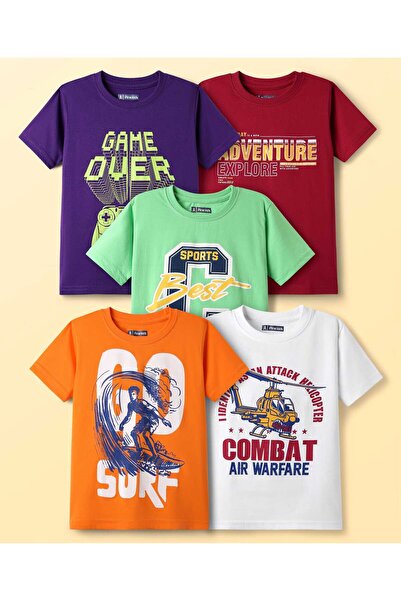 Pine kids تيشيرتات قطنية محبوكة بأكمام نصفية وطبعة نصية (عبوة من 5 قطع) - متع...