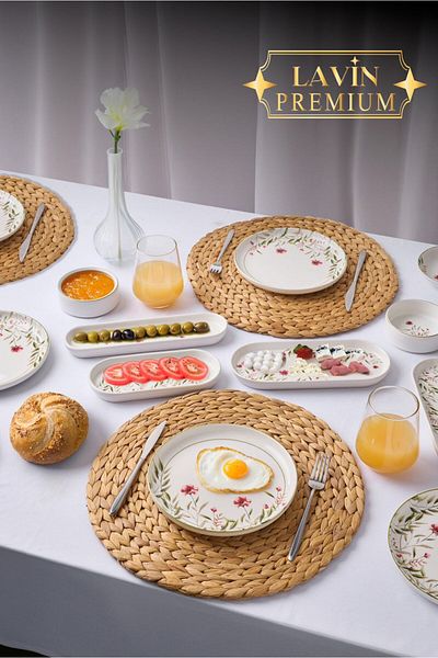 YzHome 14 Piece Porcelain Breakfast Set for 6 People Breakfast Presentation Set Plate Plate