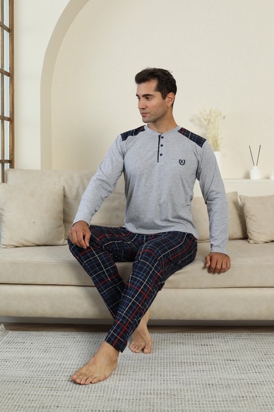 KAPİTEX New Season Long Sleeve Lapel Collar Three Button Pants with Pockets Gray Color Plaid Men's Pajama Set