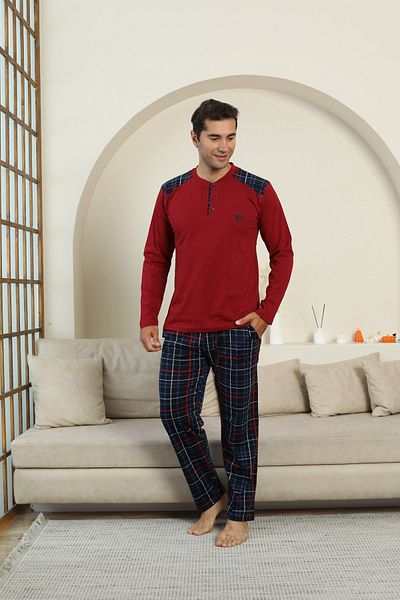KAPİTEX New Season Long Sleeve Collar Placket Three Button Trousers with Pockets Burgundy Color Plaid Men's Pajama Set