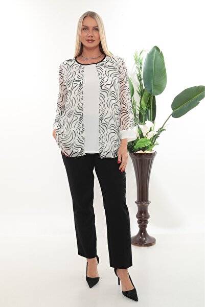 Javelin Collection Zero Collar Sleeves and Chiffon Printed Front Plus Size Bluz