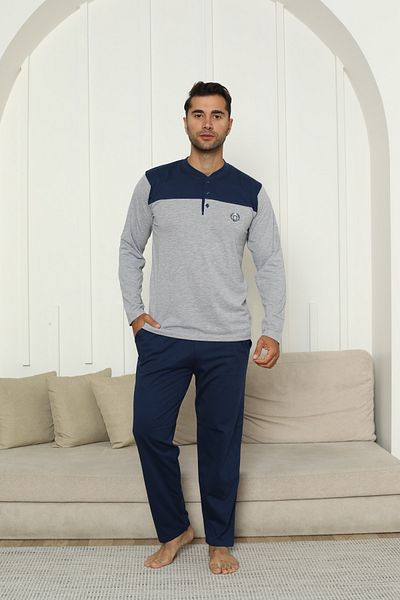 KAPİTEX New Season Long Sleeve Collar Placket Three Button Pants with Pockets Gray Melange Color Men's Pajama Set