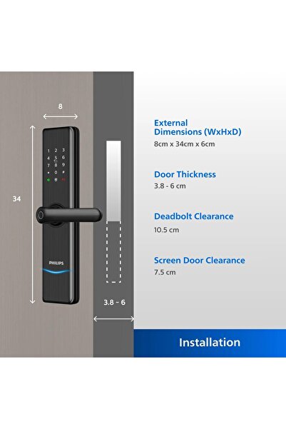 Philips قفل الباب الذكي Easykey 7300، مع تطبيق إنذار، ولوحة مفاتيح مخفية ببصمة الإصبع، باللون الأسود