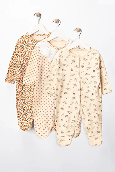 DEFNE LİNA BABY Baby Girl Floral Patterned 3-6-9 Months 3-Piece Cotton 3-Piece Jumpsuit with Booties