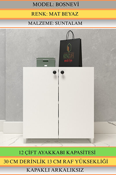 Kenzlife Kapaklı Ayakkabılık Bosnevi Mat Beyaz Suntalam 065*060*30 Oniki Çift Ayakkabı Kapasitesi Arkalıksız