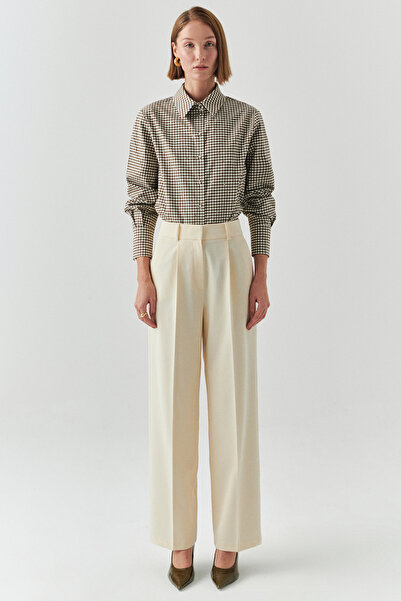 Exquise Yüksel Waist Straight Cut Regular Ecru Trousers with Pockets