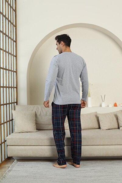 KAPİTEX New Season Long Sleeve Lapel Collar Three Button Pants with Pockets Gray Color Plaid Men's Pajama Set