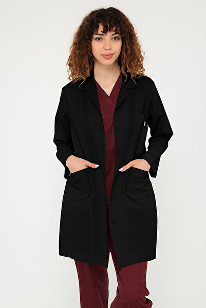 Cartellini Snowform Uzun Kol Siyah Unisex Önlük Ceket Boy Apaş Yaka Doktor Hemşire Öğretmen Önlüğü