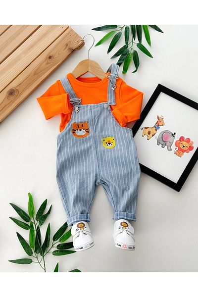 hümabebe Seasonal 2-Piece Salopet Set with Vertical Stripes and Cute Animal Embroidery