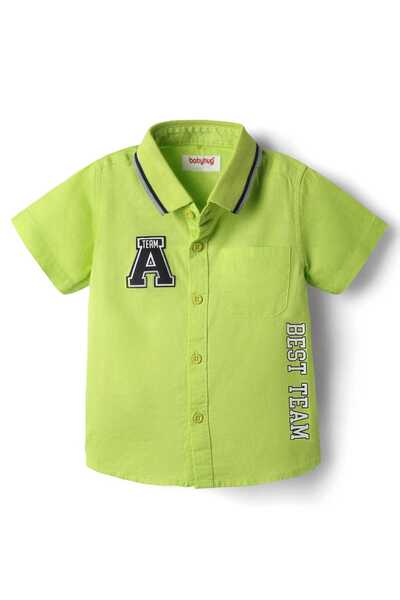 Babyhug Cotton Woven Half Sleeves Rib Collar Shirt With Alphabet Patch - Green