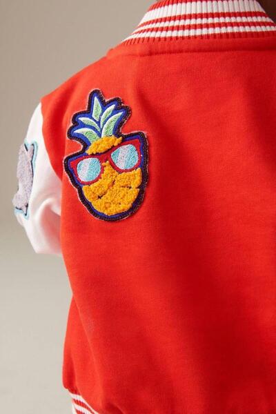 Magu Boy's Cotton Red Embroidered College Jacket