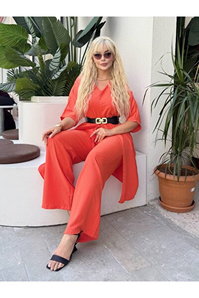 ViolettaXL Women's Large Size Slit V-Necklace Detail Woven Jessica Set (Belt Not Included)