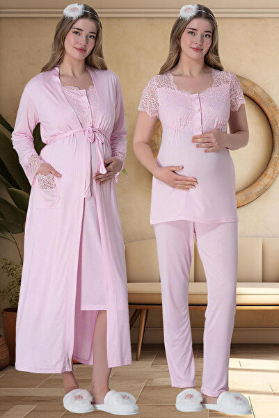 Mavelle Women's Lace Detailed Long Nightdress Pajamas Maternity Maternity Set 6065