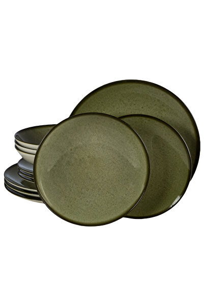 Cesiro Set complet de tacâmuri, Verde Pământ, 12 piese, Cesiro, Alb Ivory cu Verde