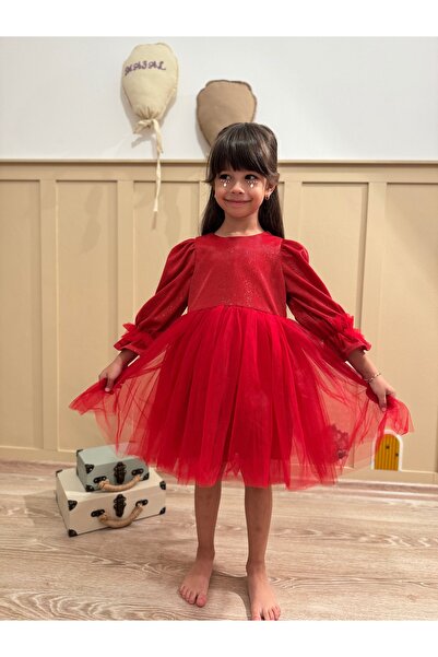 penu baby kids Kırmızı Uzun Balon Kumaş Kol Altı Tütülü Kız Bebek Elbise - Cinderella