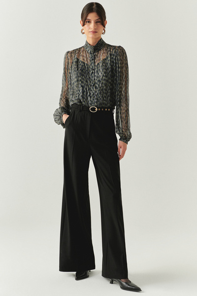 Exquise Regular Black Trousers with Belted Wide Leg Pockets
