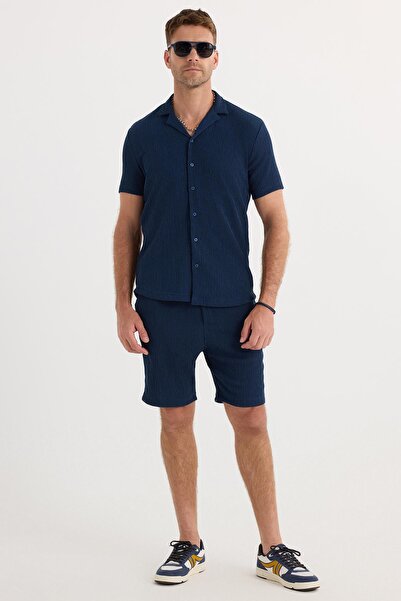 Tudors Men's Slim Fit Slim Fit Apaş Collar Waist Lace-Up Indigo Shirt Shorts Set