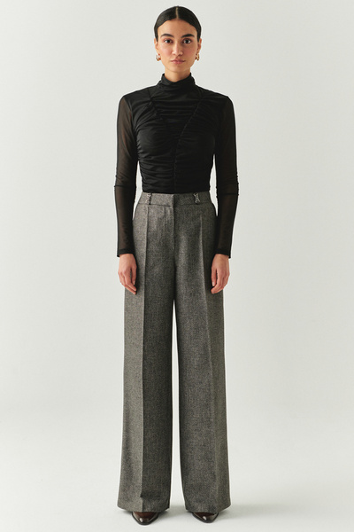 Exquise Balık Sırtı Desenli Yüksel Bel Geniş Paçalı Cepli Regular Dokuma Gri Pantolon