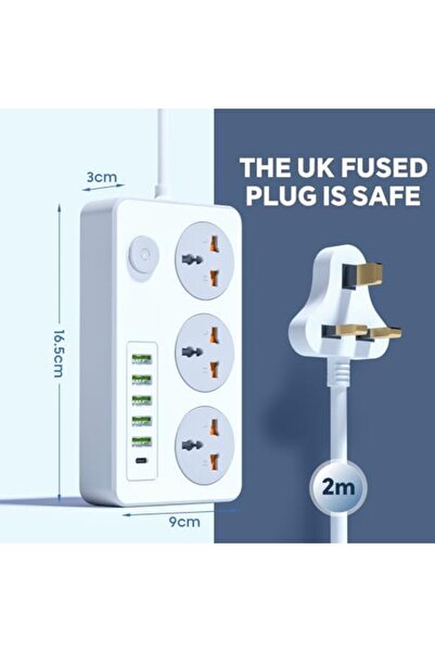 Baytion Extension Lead with UK Plug 3 Pin Socket Outlet with 3 Gang | 5 USB Port | 1 Type-C Port, 2M